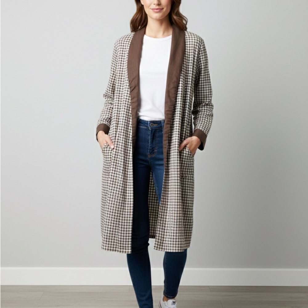 Vintage Sears Perma Prest Checkered Open Front Long Cardigan Plus‎ Size XXL 2X